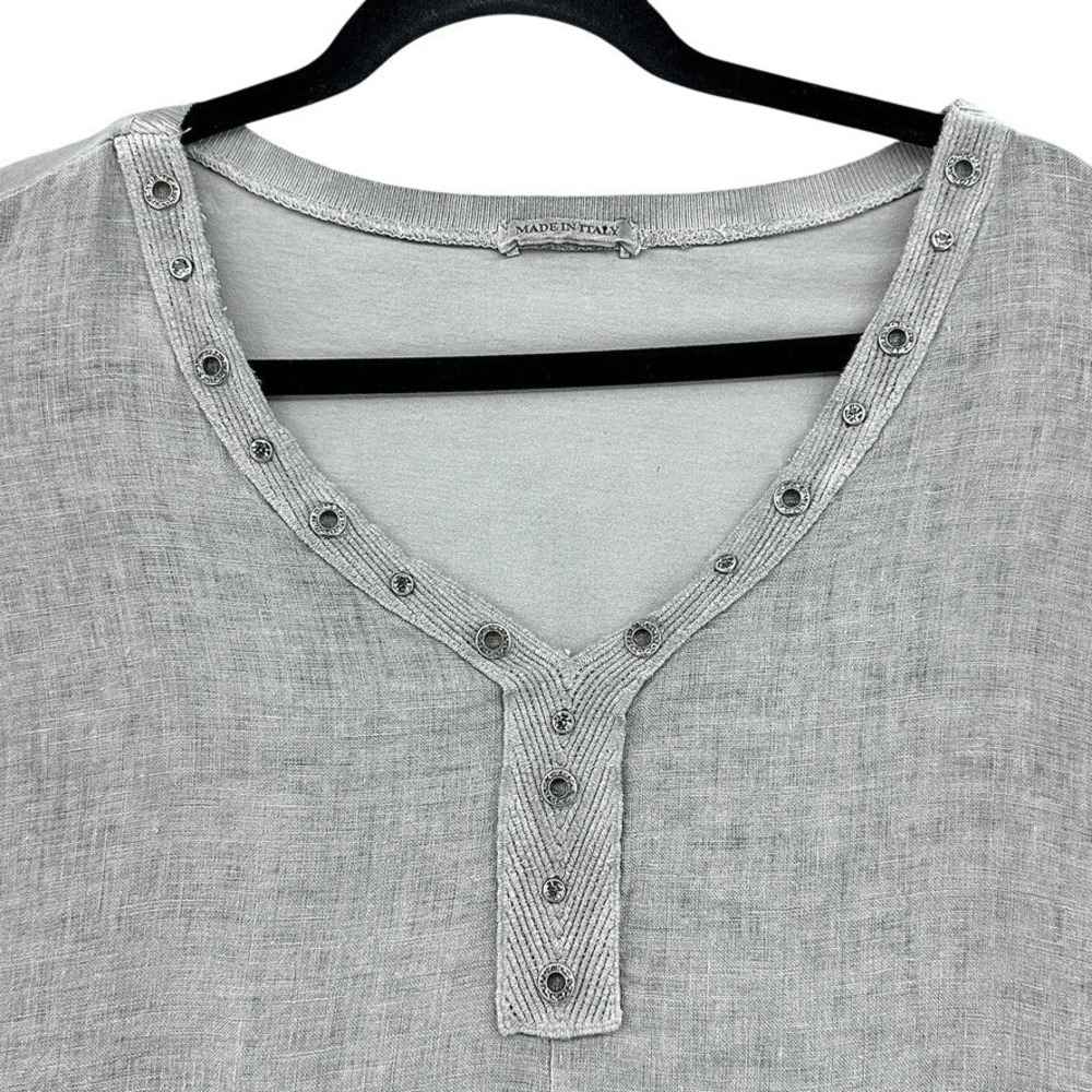 Made in Italy Grey Linen Cotton Blend V-Neck Rhinestone Grommet Top SZ L Luxury